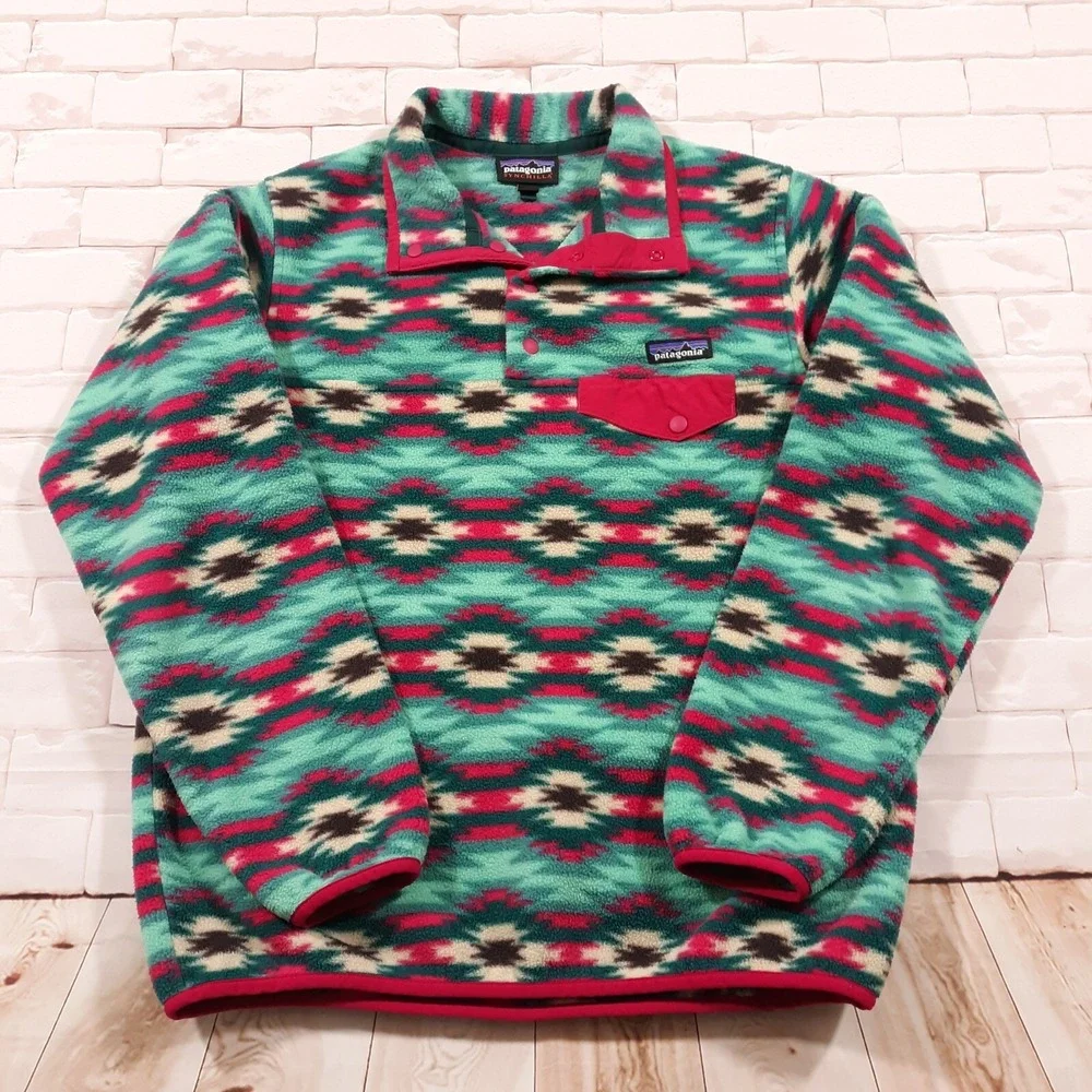 Patagonia Synchilla Sweater Womens Medium Snaps Green Southwestern‎ Aztec Tribal